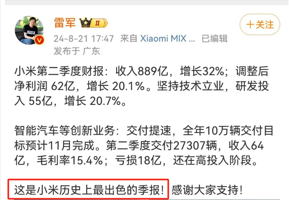 小米集团2024年二季报：雷军称史上最出色，仍面临汽车业务亏损