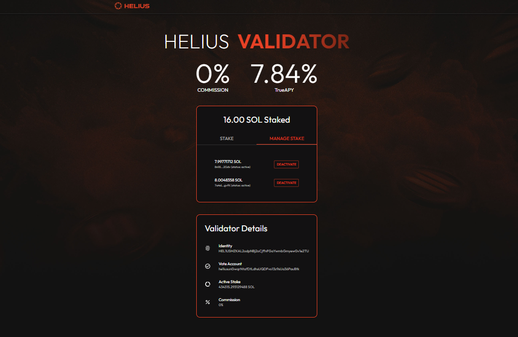 Helius 验证器质押网站 - 管理质押界面和验证器详细信息